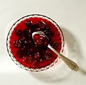 Morello cherries in syrup in a glass bowl