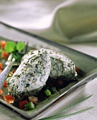 Goat's cheese dumplings with herbs on pepper salad