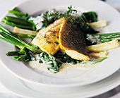 Pike-perch on spinach and spring onions