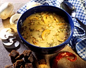 Mushroom soup with black bread croutons