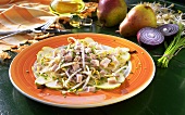 Soya sprout salad with pears and smoked turkey breast