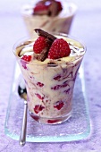 Vanilla mousse with raspberries & chocolate rolls