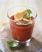 Creamed tomato soup with zwieback (rusk) in glass