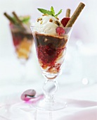 Layered sundae: raspberry sauce, sponge & vanilla nut ice cream