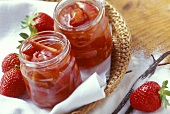 Strawberry and rhubarb preserve in jam jars
