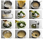Making linguine al pesto (pasta with pesto)