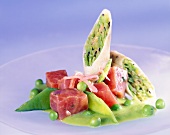 Tuna and pea salad with pea pod spring rolls