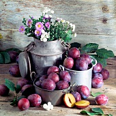 Still life with fresh plums in and in front of pots & pans