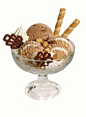 Ice cream sundae with chocolate and nut ice cream