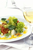 Green salads with cheese, egg, ham & walnuts & mustard sauce