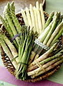 Still life with various types of asparagus in a basket