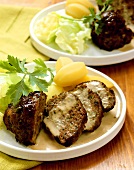 Small meatloaf with cucumber & capers, with potatoes & salad