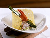 Asparagus risotto with lobster meat and Parmesan lattice