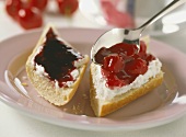 Blackcurrant jelly and cherry jam on baguettes