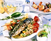 Barbecued mackerel and seafood kebabs
