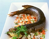 Pike cooked in roasting sleeve with vegetable sauce