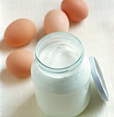 Yoghurt jar and eggs