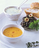 Cheese sauce; black olive dip; sweet and sour peach sauce
