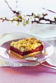 Piece of cherry cake with almond sprinkles