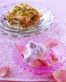 Rose sorbet; Umm Ali (yufka pastry with pistachios, Egypt)