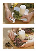 Making small Advent wreath with heather and white candle