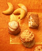 Assorted biscuits on orange background