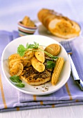 Fried turkey escalope with corncob and onions