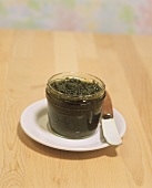 Jar of ramsons (wild garlic) pesto