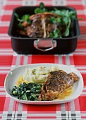 Saddle of lamb with spinach and mashed potato