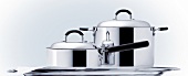 Stielkasserole und Kochtopf aus Edelstahl mit Deckel