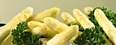 Heads of white asparagus spears with parsley