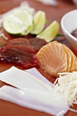 Sushi ingredients: cuttlefish, salmon and tuna