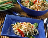 Asian egg noodles with vegetables and sprouts