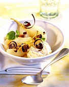 Pear compote with vanilla ice cream