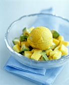 Avocado ice cream on mango and avocado salad