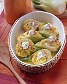 Fennel gratin with potato and smoked salmon filling