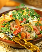 Salad with tender wheat, vegetables and crab tails