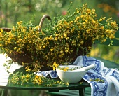 St. John's wort in a basket and a mortar