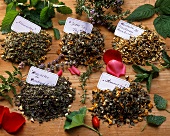 Five dried herb tea mixtures and fresh herbs