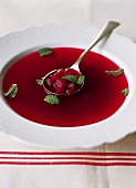 Cold beetroot soup with mint leaves