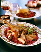 Roast leg of goose with apple, chestnut and red cabbage
