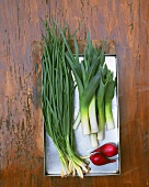 Still life with spring onions, leeks and red onions