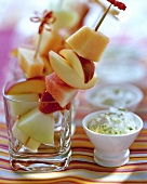 Fruit kebabs with mascarpone and pistachio dip