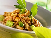 Strips of turkey with spring onions and spaetzle noodles