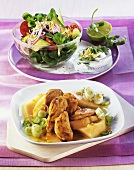 Chicken with melon and leeks, salad