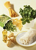 Still life: boil-in-the-bag rice, vegetables, pasta, oil, basil