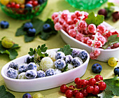 Sugared redcurrants, gooseberries and blueberries