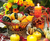 Assorted ornamental gourds with lighted candle