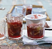 Strawberry and rhubarb jam in jam jars