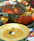 Pumpkin soup in hollowed-out pumpkin